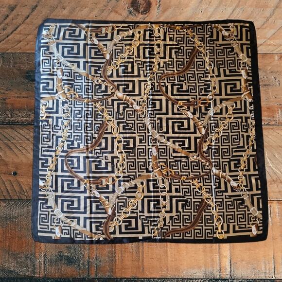 Scarf Silk Black and Gold Satin Print 35 x 35 inches - Picture 2 of 13